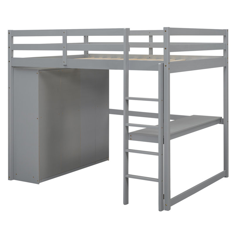 Lit mezzanine en bois avec garde-robe intégré, bureau, tablettes de rangement et tiroirs, Gris