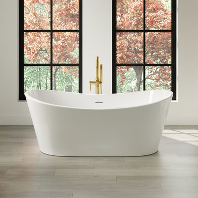 Herschel 60" x 28.74" Solid Surface Freestanding White Acrylic Soaking Bathtub, with Overflow and Brushed Gold Pop-up Drain