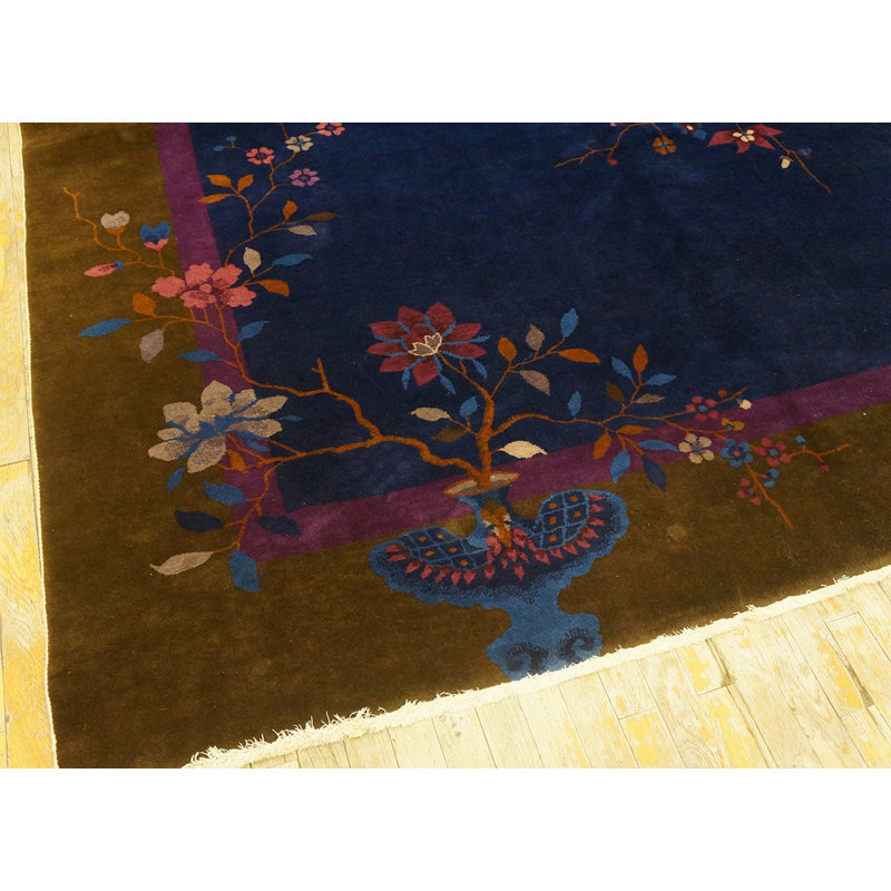 Hand Knotted Pile Antique Blue 1920s Wool Rectangle Rug