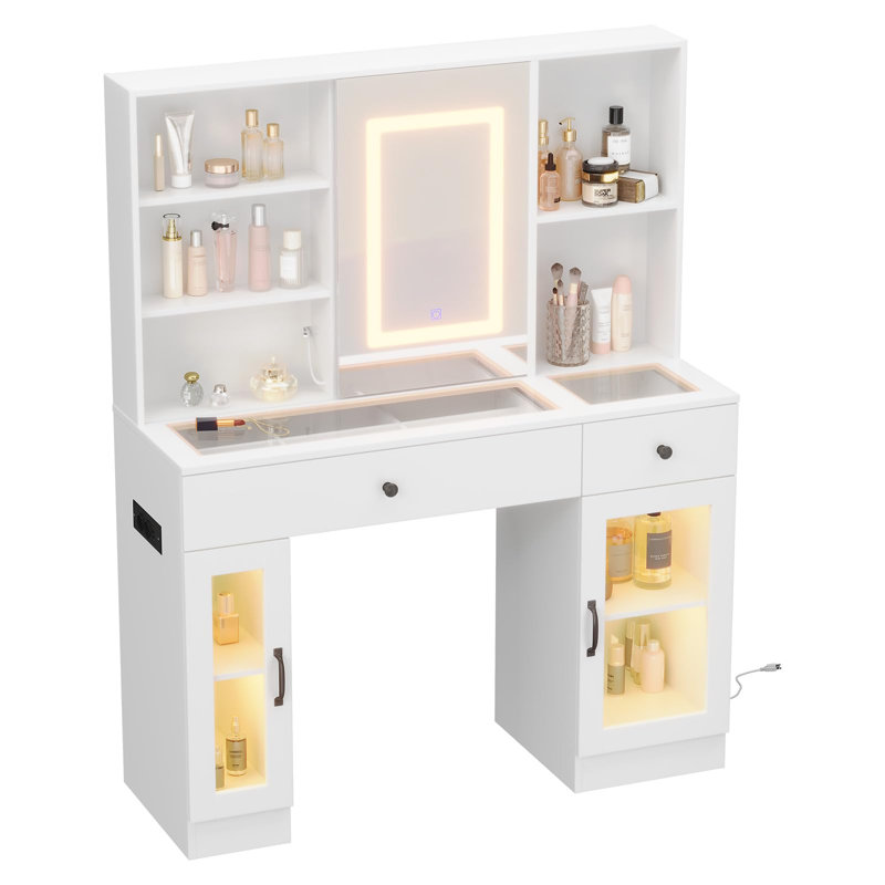 Vanity Desk with Mirror and Lights Glass Top Vanity Desk with Sliding Mirror Makeup Dressing Table with Storage Drawers and Glass Cabinets White