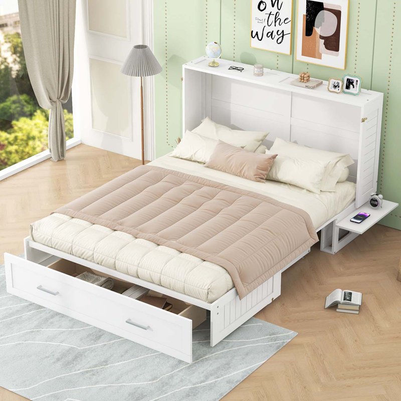 Grand lit escamotable mobile avec tiroir et petites tablettes de chaque côté