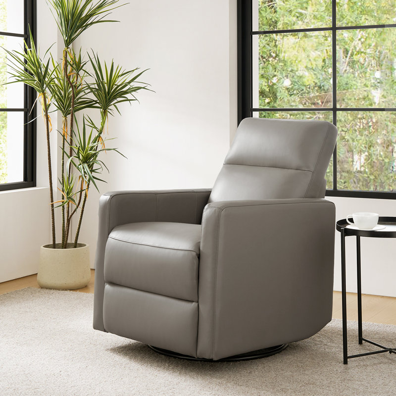 Sumbul Genuine Leather Upholstered Swivel Rocker Recliner, Gray Leather