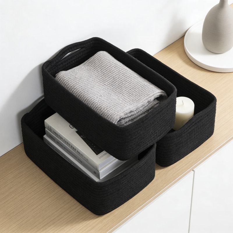 Ensemble de 3 paniers de rangement en corde tissée, paniers pliables pour tablettes, placards et rangement, paniers décoratifs rectangulaires pour serviettes, jouets et articles essentiels