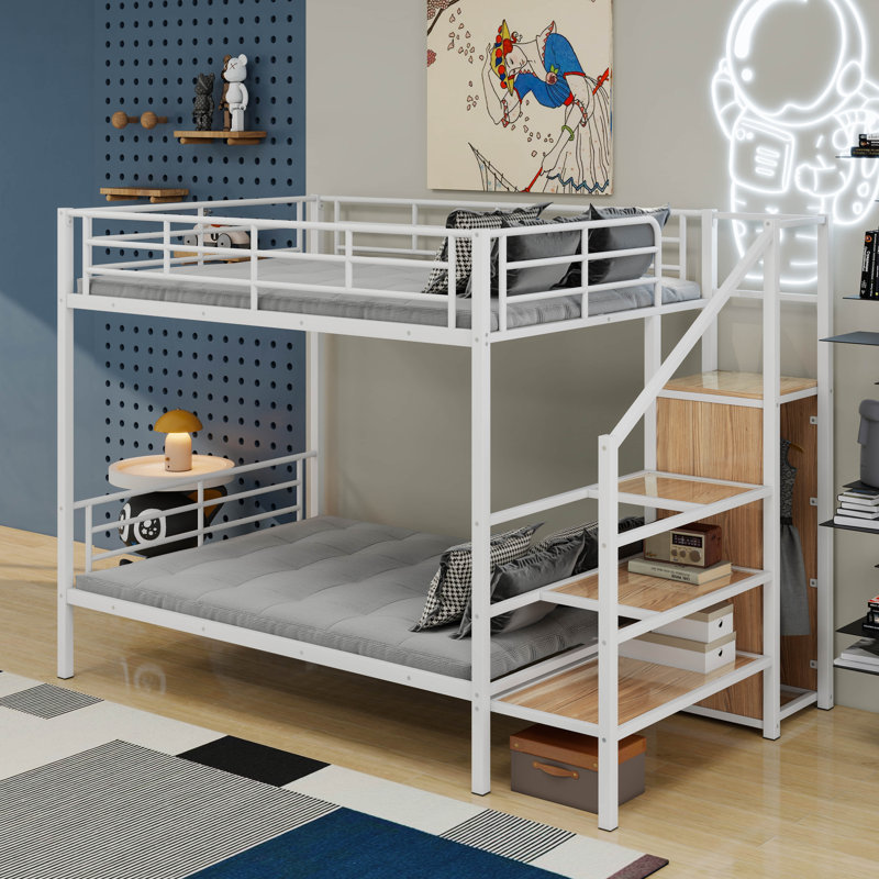 A Full-Sized Over Full-Sized Metal Bunk Bed, Equipped With A Lateral Storage Ladder And A Wardrobe, White, Twin Over Twin