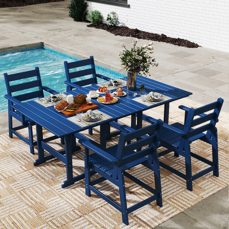5-Piece-HDPE Outdoor-Table-And-Chairs With Removable Armrests, Blue