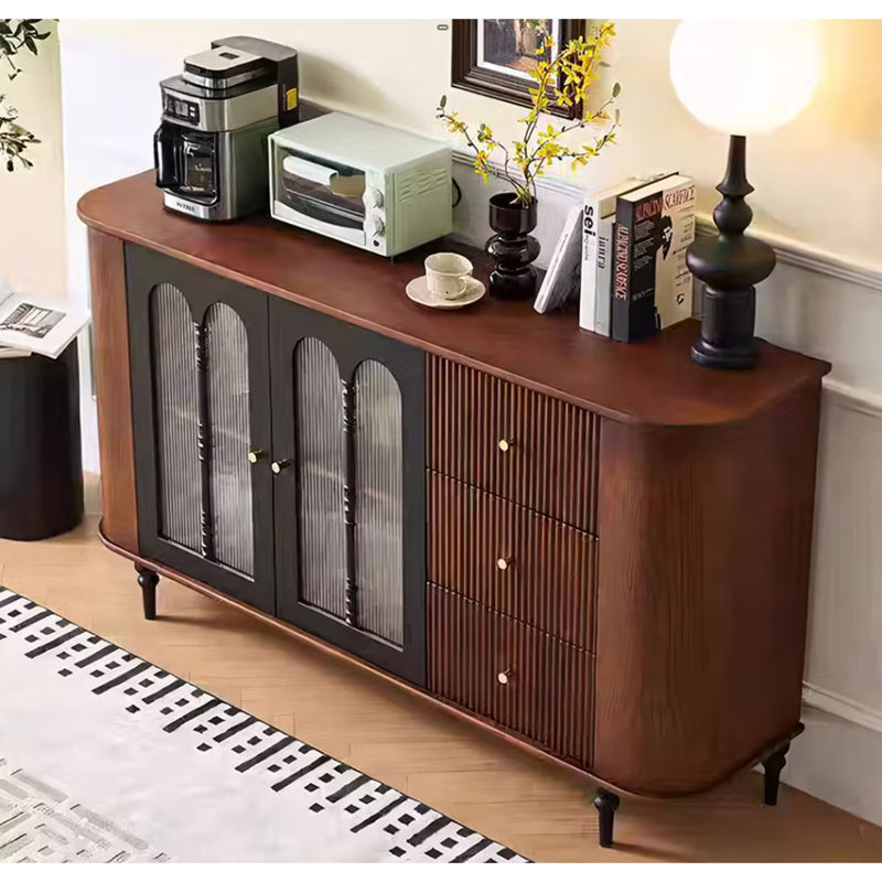 Buffet/meuble de rangement au design rétro-moderne, portes en verre texturé, grand espace de rangement