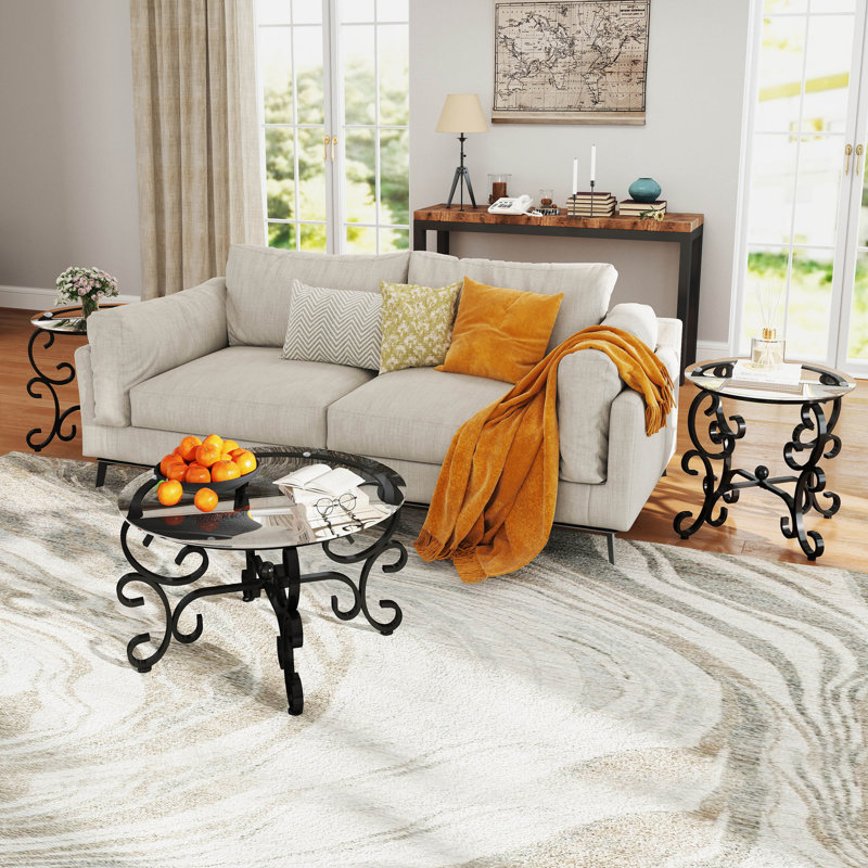 3 Piece Tempered Glass Surface Coffee Table Set, Decor Coffee Table Round End Side Table with Sturdy Construction for Living Room