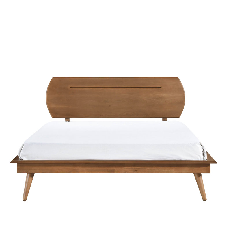 Lit double en bois avec tête de lit ovale et tête de lit décorative brune, texture brossée, Lit double