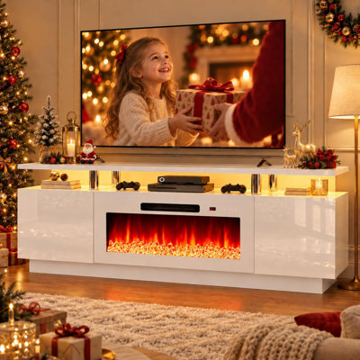 Meuble télé 70 po avec foyer électrique 36 po, console média blanche pour téléviseur de 80 po ou moins, rangement à 2 niveaux et armoires, 12 couleurs de flamme