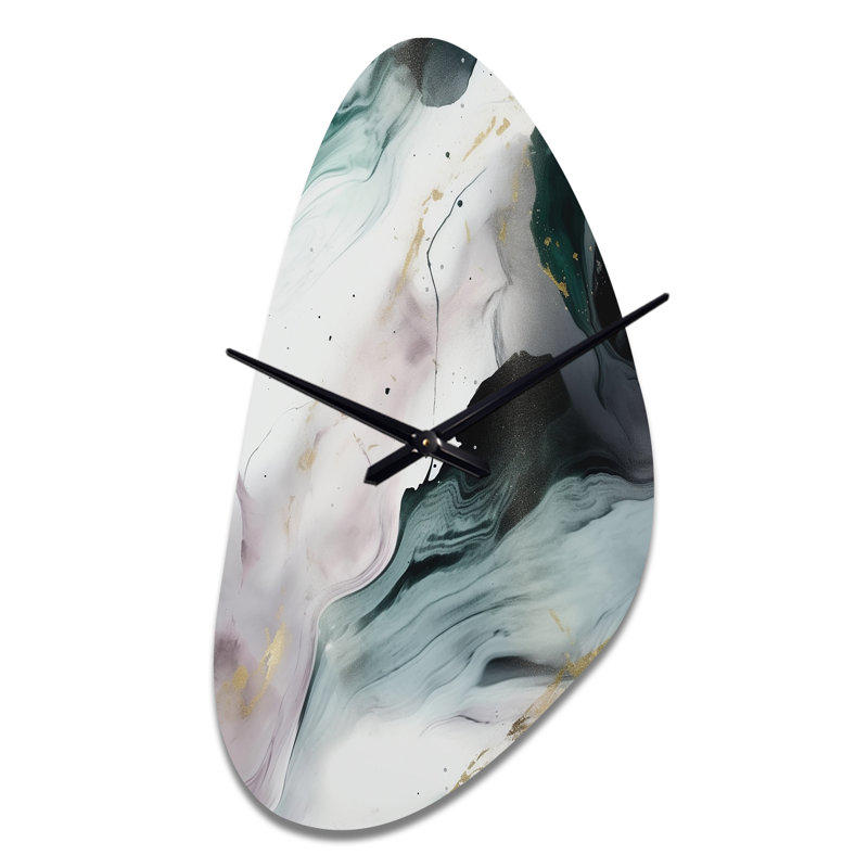 «Green and White Contemplative Abstraction II», horloge murale asymétrique en métal, impression d'horloge murale moderne de forme unique