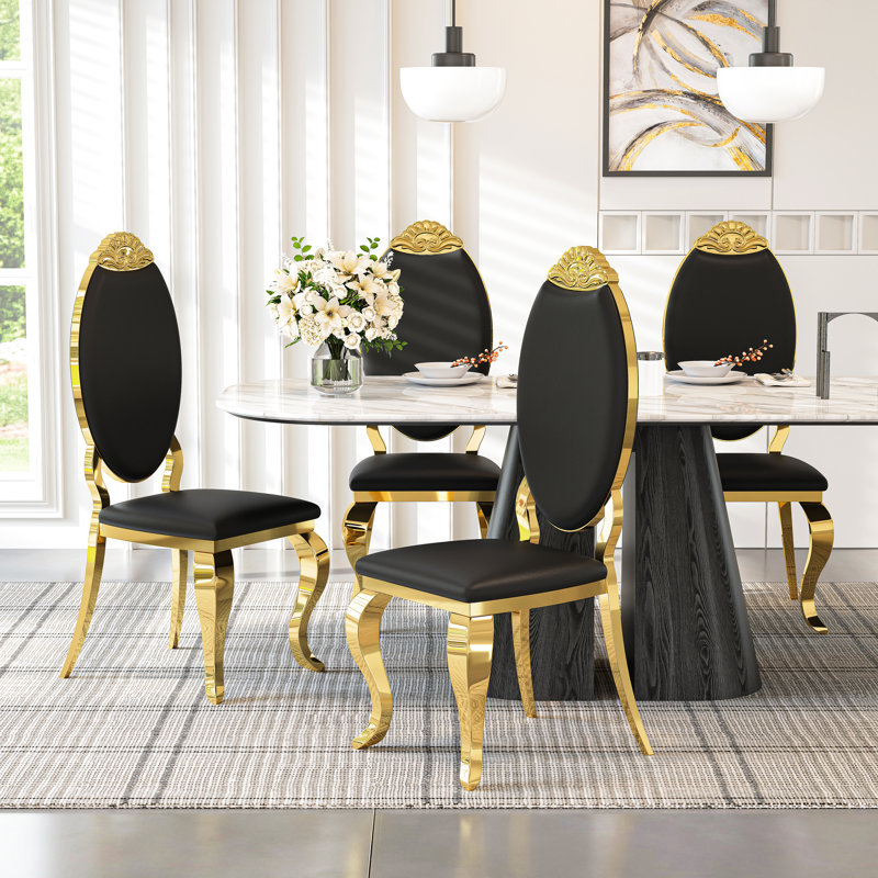 Kamien Solid Back Side Chair Dining Chair With Stainless Steel Legs, Gold, Black