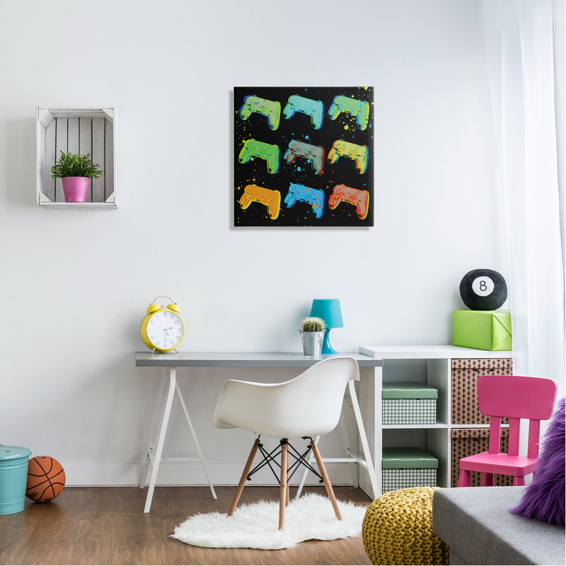 «Neon Pop Style Gaming Controllers Paint Splatter» par Daphne Polselli, impression sur toile tendue