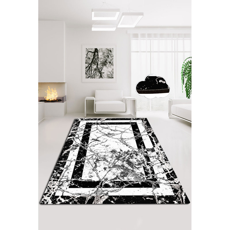 Stylish Area Carpet 4.6 x 6.2 ft, Black & White | 100% Polyester, 0.16 in Pile Height, Antibacterial & Non-Slip Underside | Machine Washable, Easy Care | Perfect for Living Room, Bedroom, and More