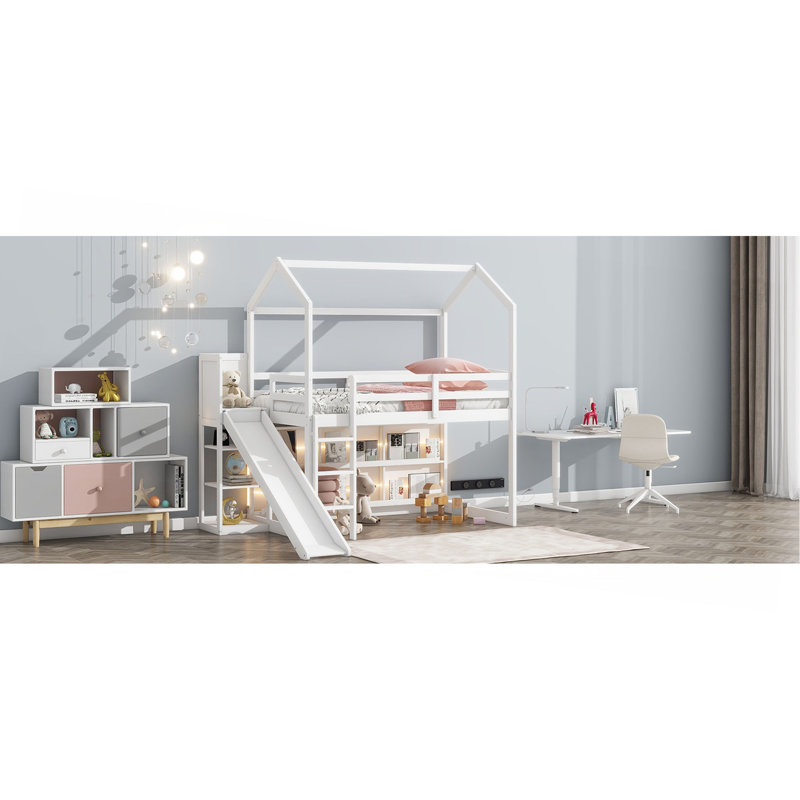 Lit mezzanine simple en bois avec glissoire, tablettes de rangement et lumière, Blanc