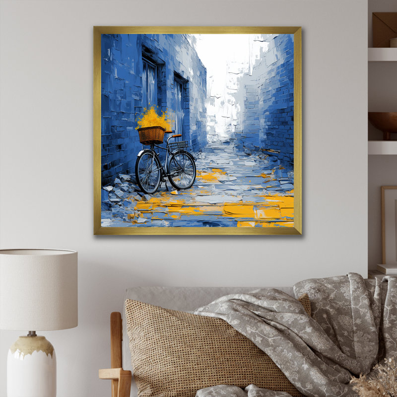 Vélo bleu sur toile, H 16 po x l 16 po x P 1 po, Encadrement doré