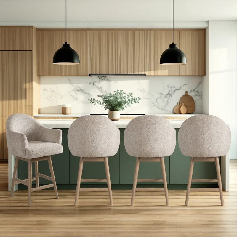 Tabouret de bar pivotant rembourré en bois massif avec siège en tissu Wasserman, Bois délavé, 4