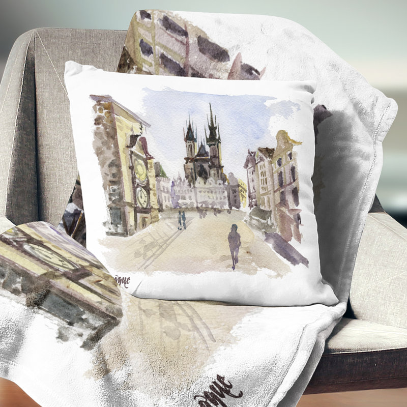 Coussin à motif urbain imprimé à la main Prague, 16 po x 1 po, Coussin décoratif