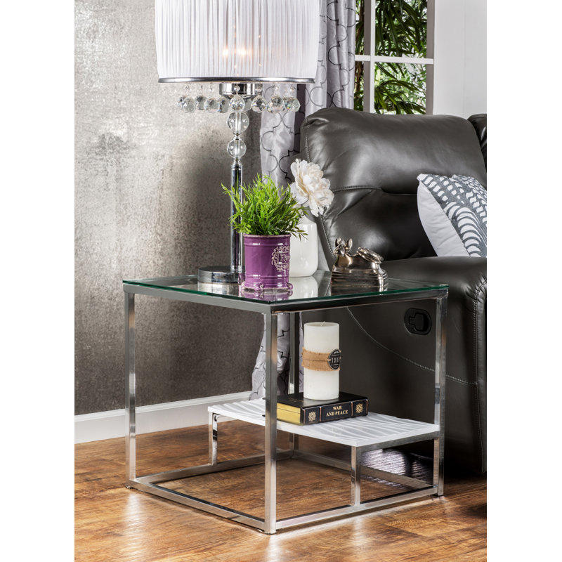 Saniyah Glass Top Frame End Table, White