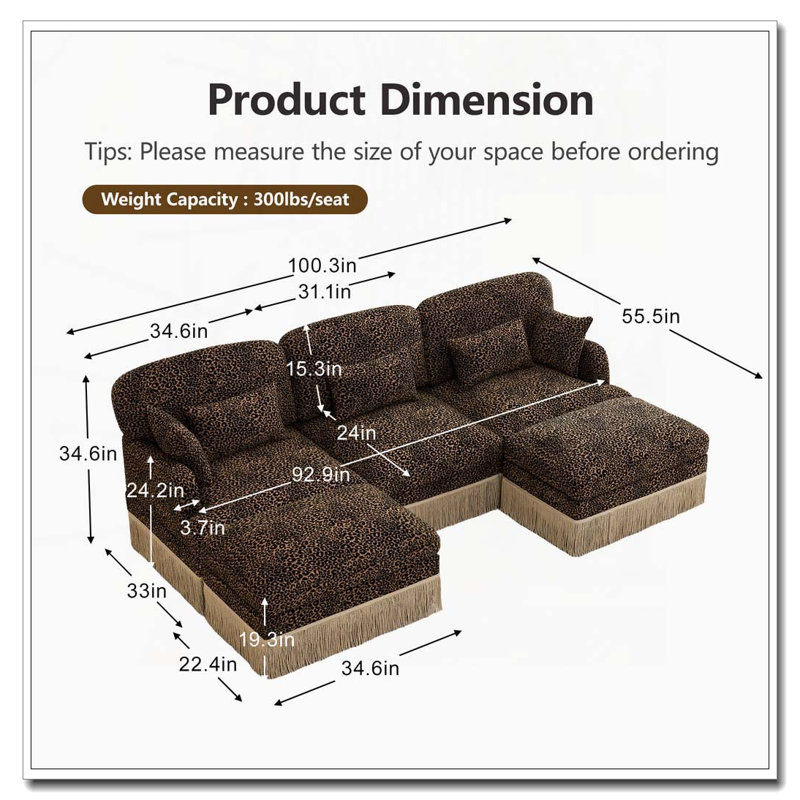 Canapé Comfy Chenille Leopard, Brown+3seat+2Ottomans