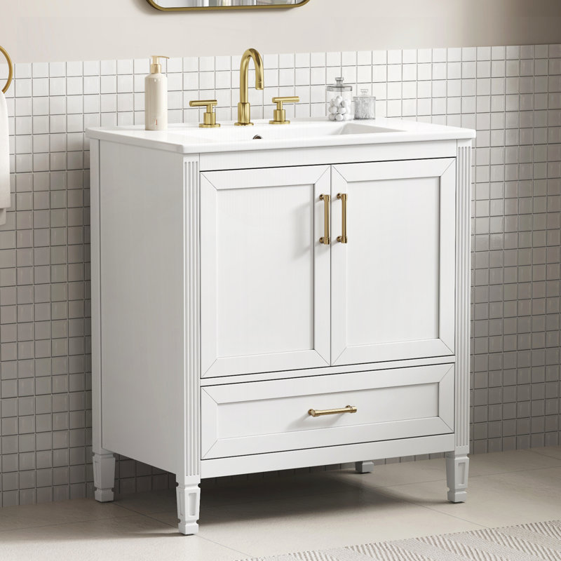 30" Elegant Fluted Bathroom Vanity with Ceramic Sink, White