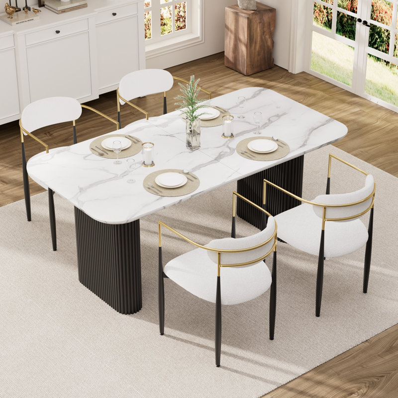 Marble MDF Top Dinning Table Set for 4-6, Beige, 5 Pieces: Table, 4 Chairs, Black