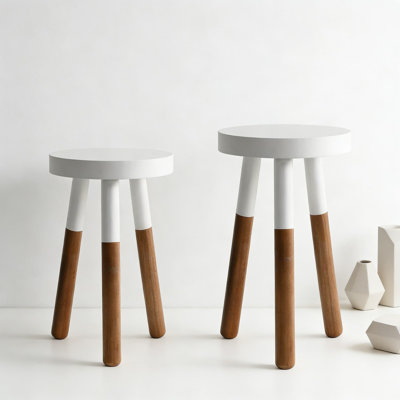 Reverse Dipped Wood Plant Stand And Accent Stool Set - Modern Nesting Side Table With 3-Leg Design For Home Decor