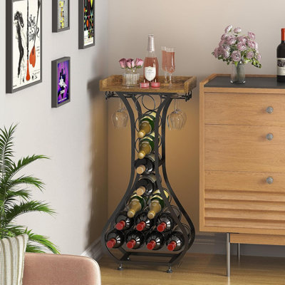 Wine Rack Freestanding Floor, Mini Bar Table Wine Holder Stand Liquor Cabinet With Glass Holder Wood Tabletop 14 Bottles Floor Wine Storage For Home Bar Kitchen Living Room