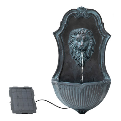 Fontaine cascade de lion 29,9 po à énergie solaire murale, résine, extérieur, gris