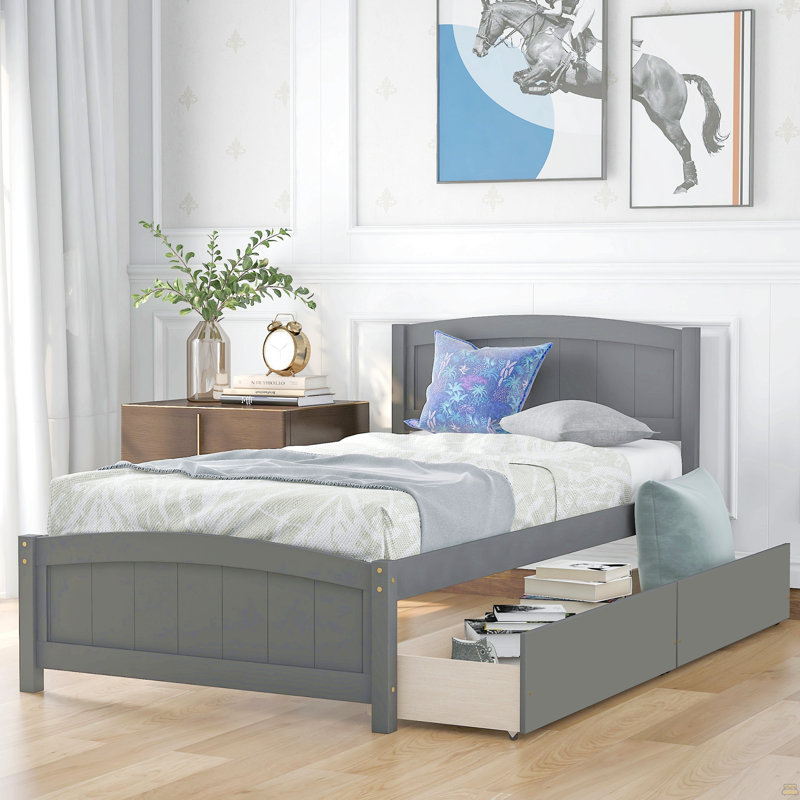 Lit plateforme simple avec deux tiroirs, Gris