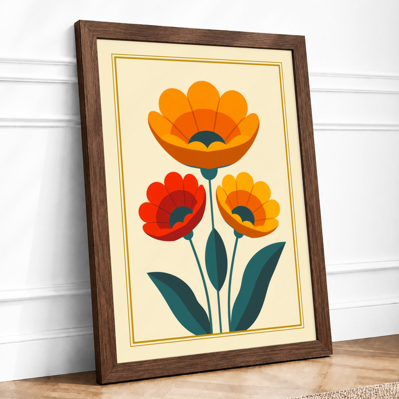 Folk Flowers Botanical - Framed Print, A4 - 29.7 x 21.0 cm, Walnut