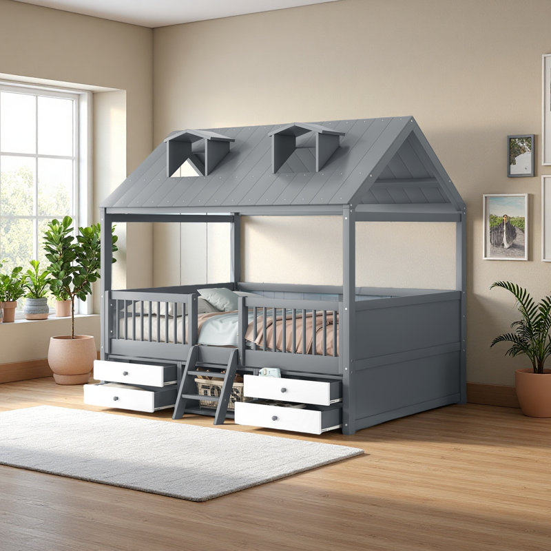 Wood Bed House Bed Frame, Gray, Full