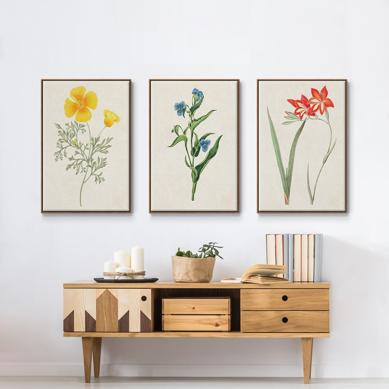 Fleurs des saisons IV, reproduction sur toile 3 pièces, H 24 po x l 48 po x P 2 po, Noyer