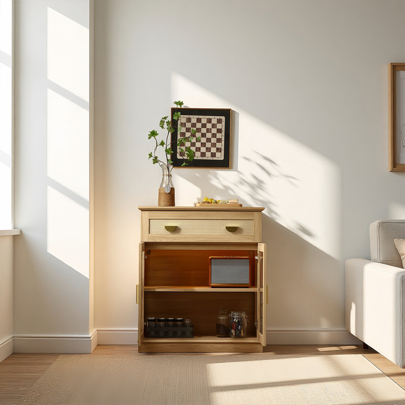 Elegant Small Buffet Cabinet With Led Lights - Space-saving Small Sideboard With Adjustable Shelf, Glass Doors & Drawer - Modern Kitchen Storage For Coffee, Cups & Essentials