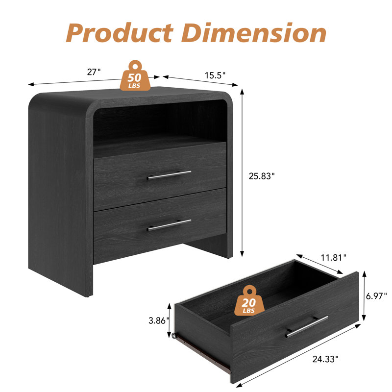 Ensemble de 2 tables de chevet incurvées Ovellefte avec 2 tiroirs et une tablette ouverte, Noir, 2