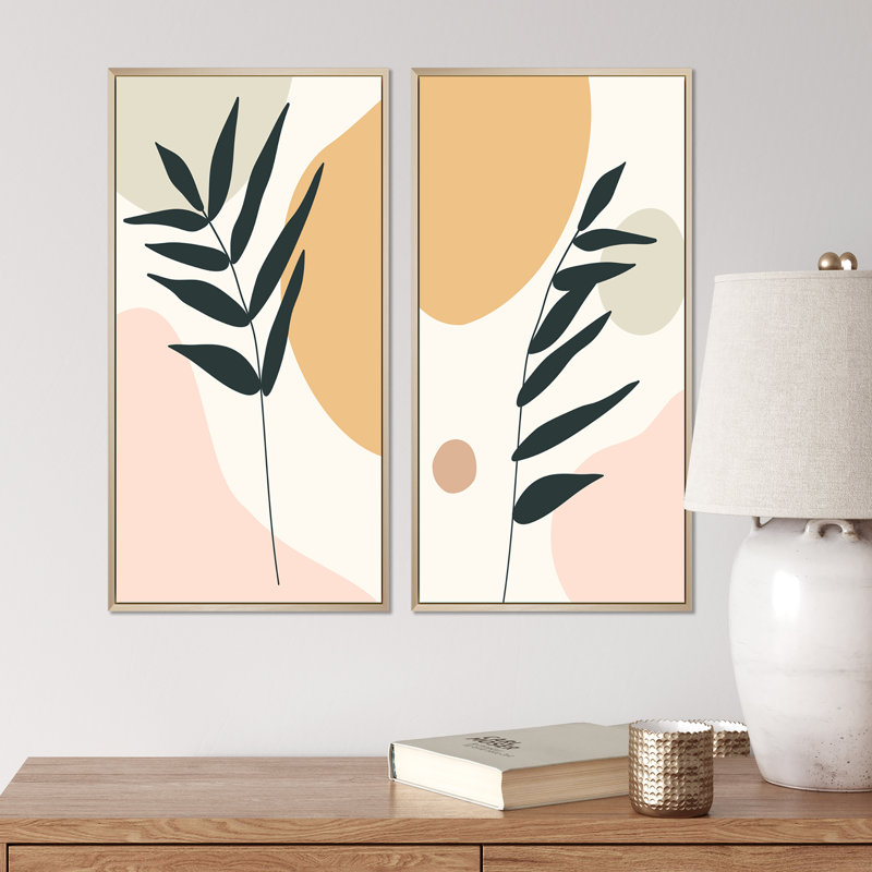 «Botanical Leaf with Pastel Abstract Clouds I», ensemble de 2 peintures, H 20 po x l 24 po x P 1 po, Cadre brun