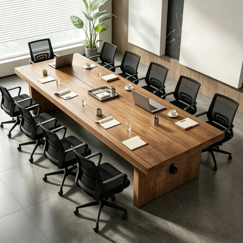 Ensemble de table de conférence rectangulaire moderne en bois massif avec 8 chaises de bureau pivotantes en filet