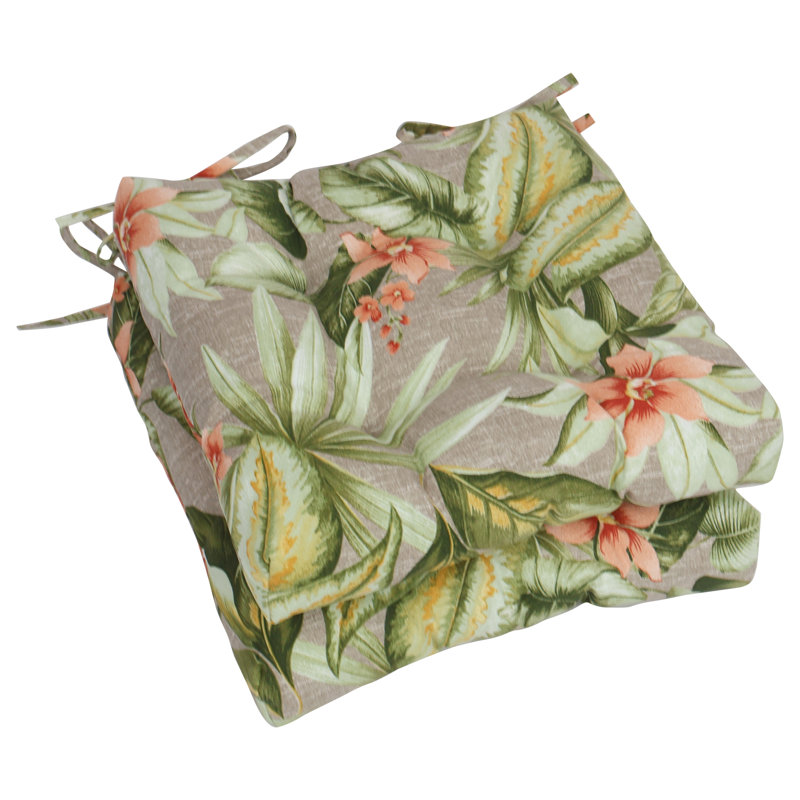 16-Inch Square Outdoor Tufted Chair Cushions (Set Of 2), Tan/Pink/Tahiti Sunrise Floral