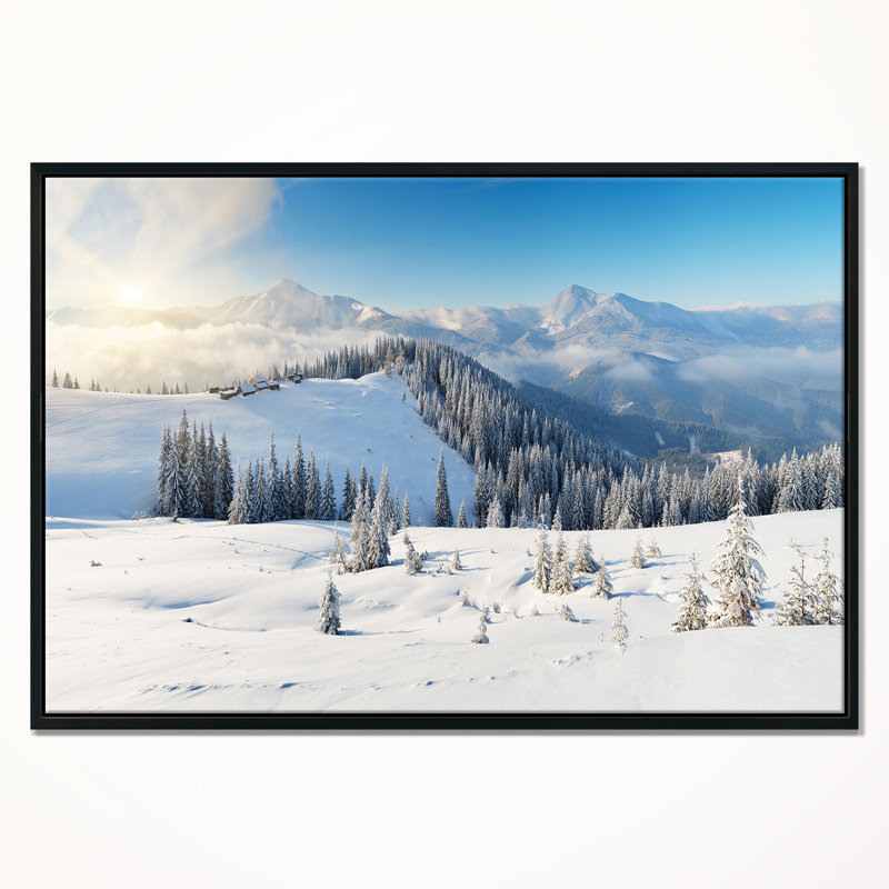 «Sunny Morning in Mountains», photographie sur toile tendue, H 12 po x l 20 po, Cadre flottant noir