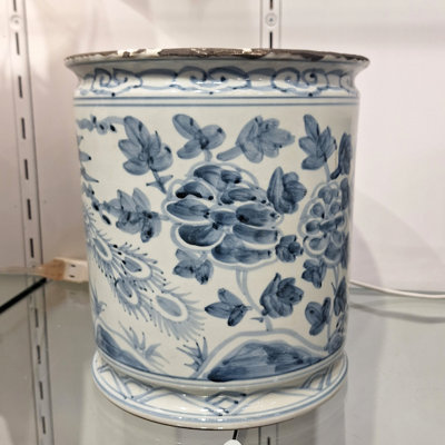 Antiqued Blue Peony Porcelain Round Planter