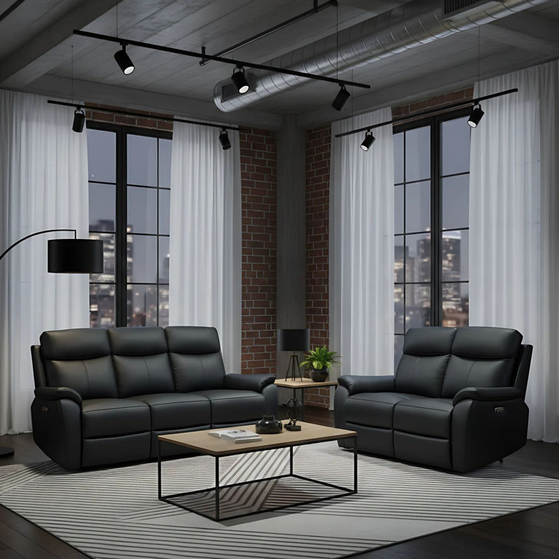Windsor Powerglide 3 + 2 Real Leather Power Recliner Sofa Set, Black, Black