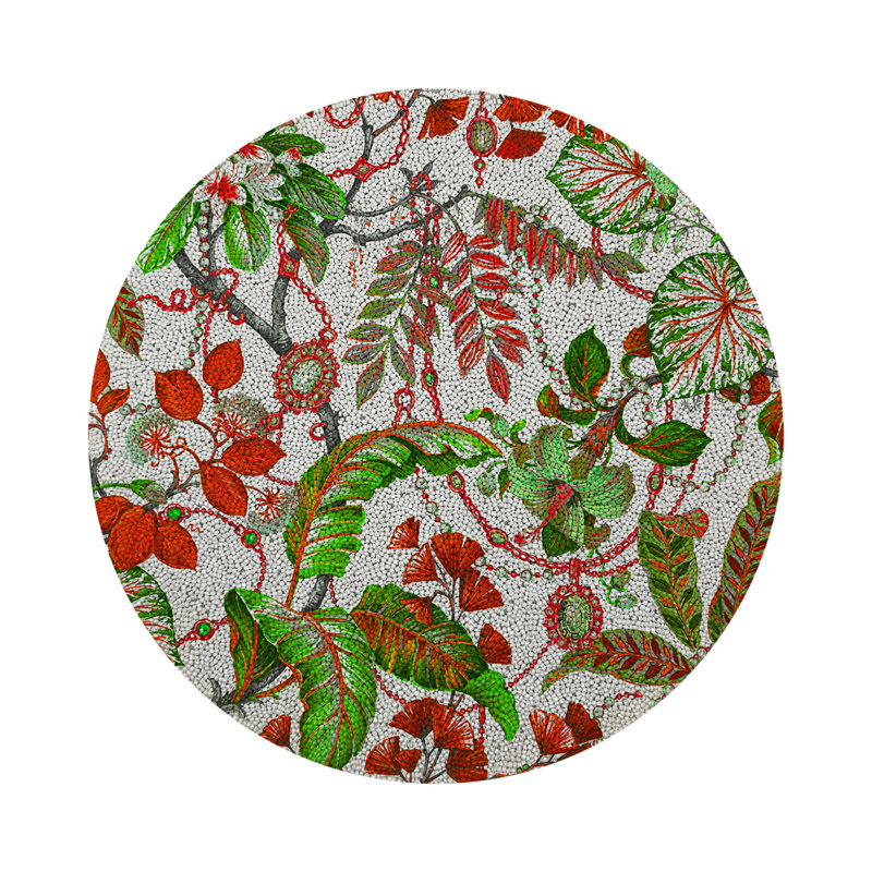Plumeria Round Beaded Smooth Placemat, Red Green