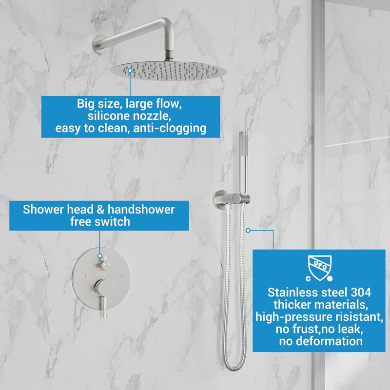 Round Shower System,Rainfall Shower Faucet Set Complete With High Pressure 12" Rain Shower Head And Handheld Shower Set,Shower Valve Trim Kit, Brushed Nickel