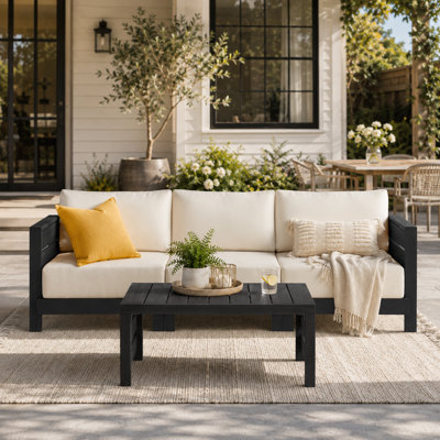  Furniture Barton Outdoor Patio Furniture Set with Sofa and Coffee Table - Weather-Resistant Eucalyptus Wood Patio Furniture Set - 3 Seater Outdoor Sofa Set and Table (Black)