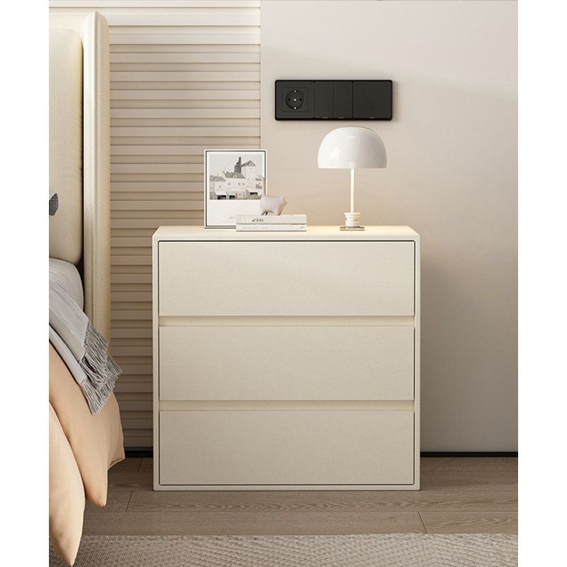 Modern Cream Style Solid Wood Pine Leather Three-Draw Nightstand