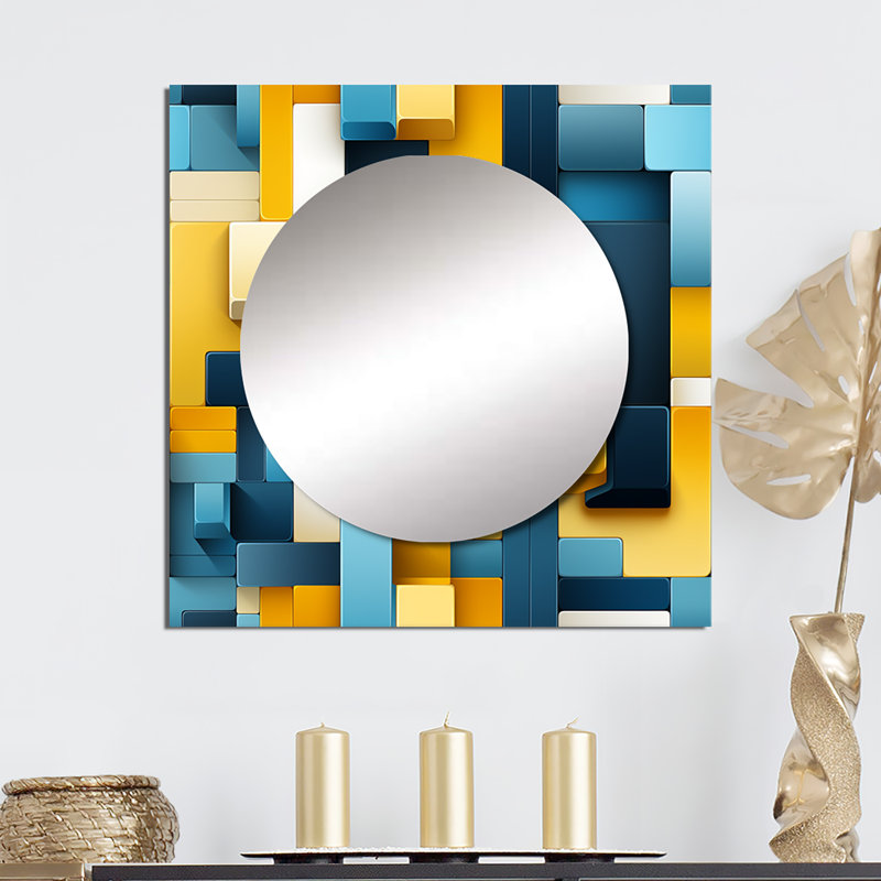 Harmonie de blocs géométriques jaunes et bleus - miroir mural carré moderne pour chambre à coucher, 23 po x 23 po