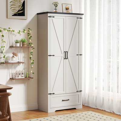 72" Farmhouse Kitchen Pantry Cabinet - Wood Tall Kitchen Storage Cabinet With Adjustable Shelves And 2 Barn Doors & Drawer