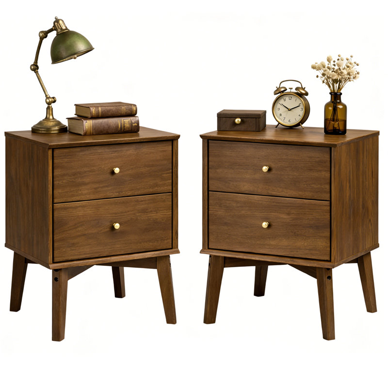 Table de chevet 2 tiroirs Mid-Century, Noyer foncé