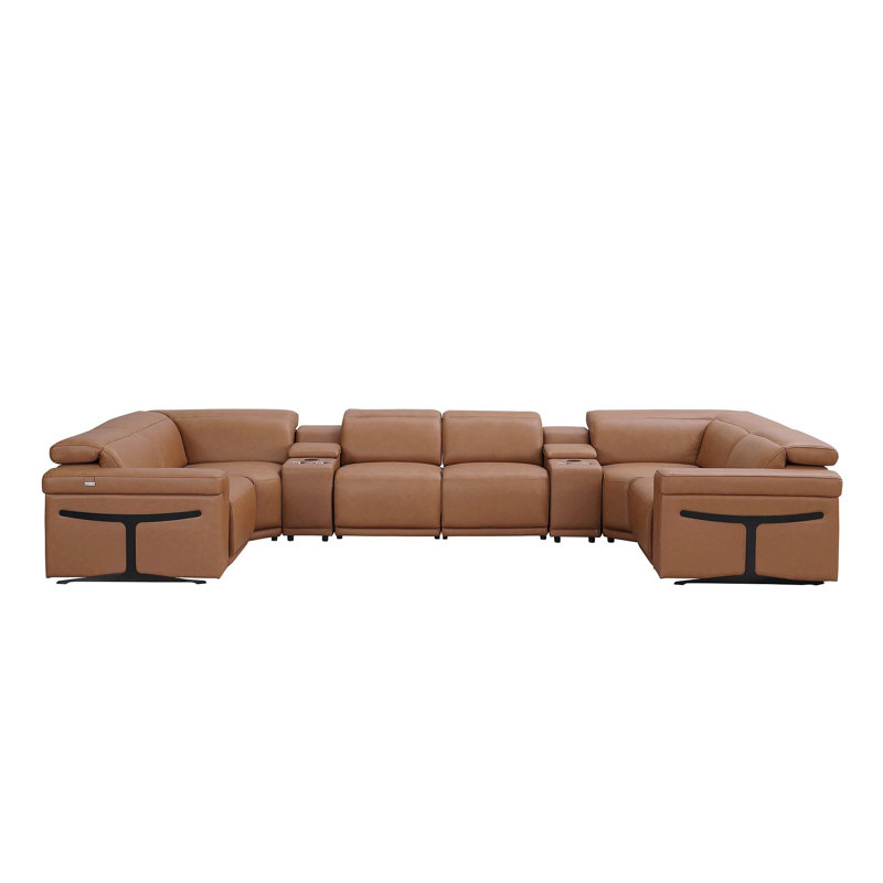 Canapé modulaire inclinable électrique en U en cuir de châtaignier italien avec console