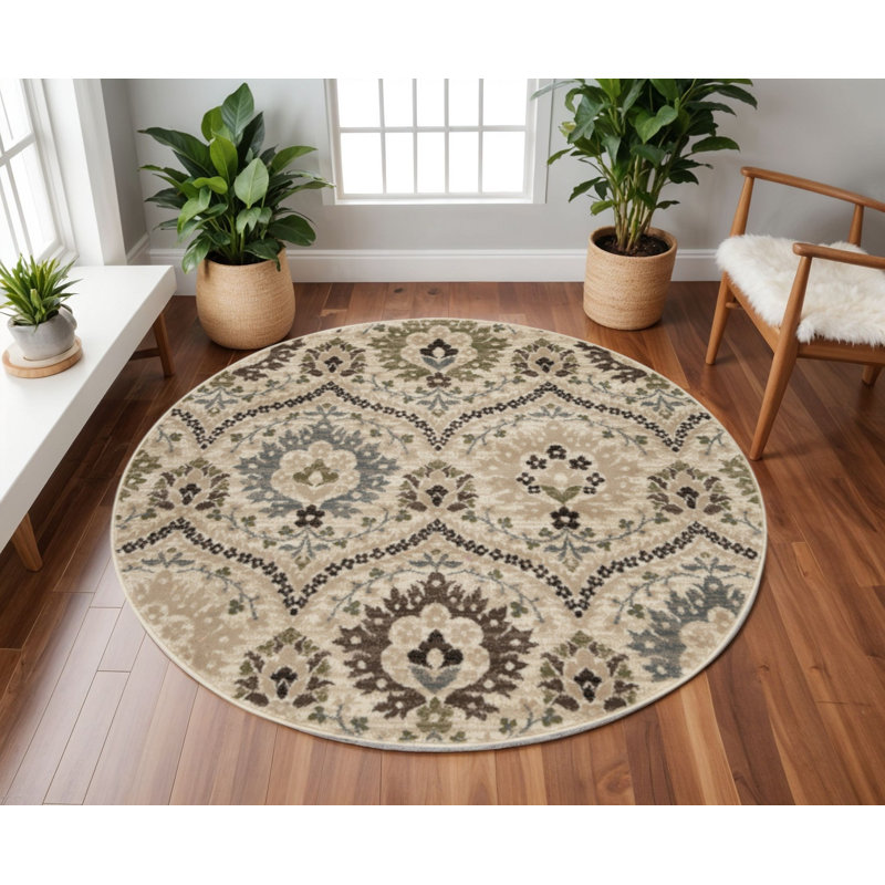 Tapis rond gris ivoire résistant aux taches, Rond 8 pi