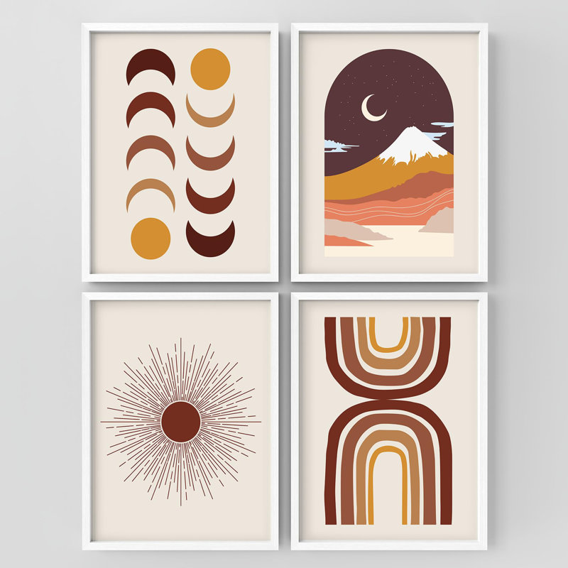 "Boho Moon Phases And Mountain Illustration Relax", 4 pièces, Blanc, H 14 po x l 11 po